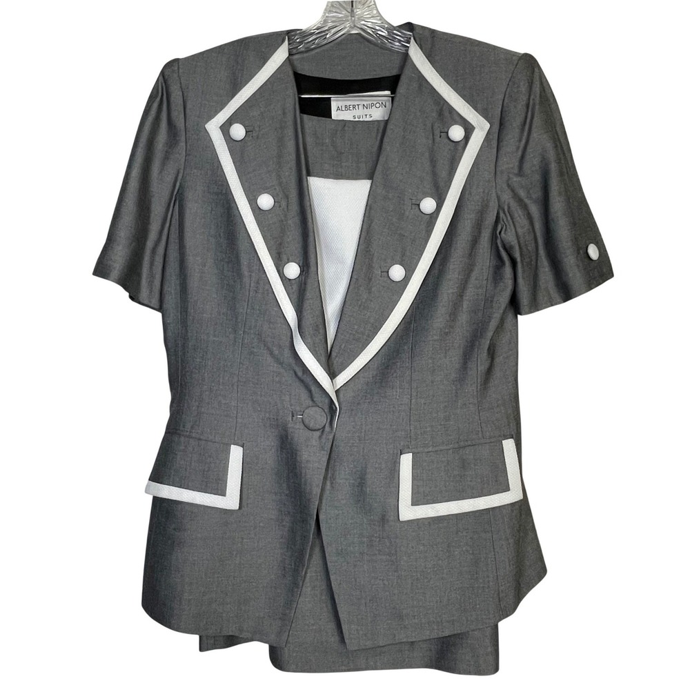 Albert Nipon Vintage 3 Piece Suit Set Grey White Short Sleeve Blazer Skirt Sz 10
